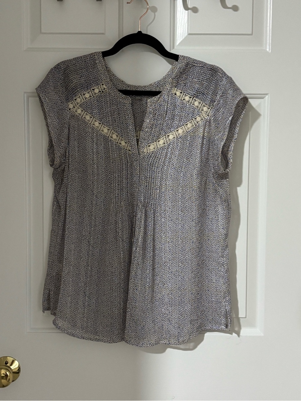 Daniel Rainn Gray Printed Split-Neck Blouse with Cream Lace Insets